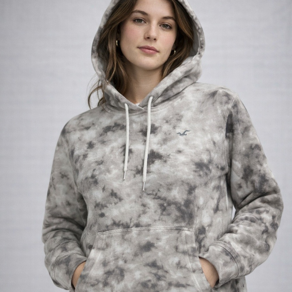 Hollister Womens Hoodie Small Gray Tie Dye‎ Pullover Fleece Pocket Sweatshirt